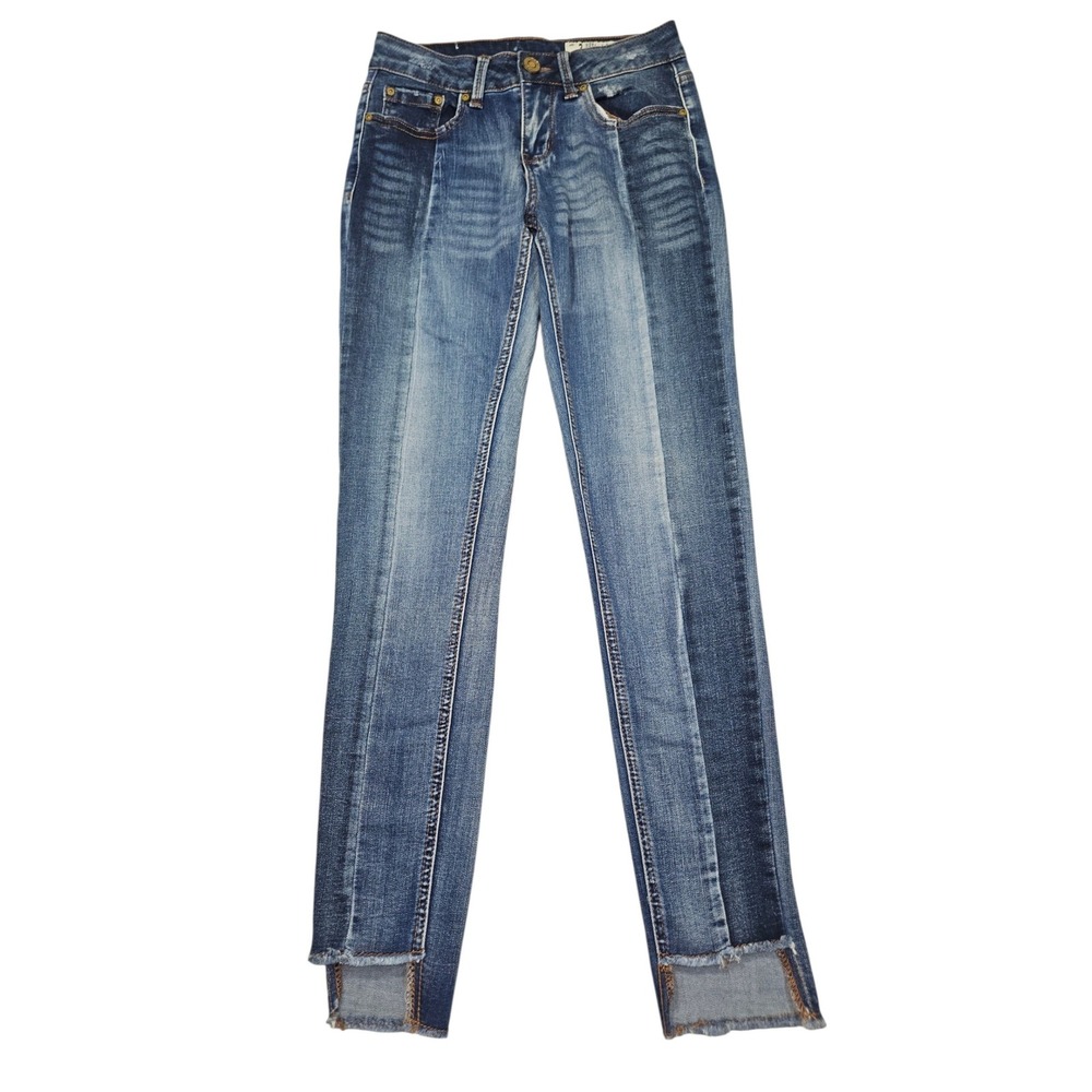 Democracy Skinny Jeans Two Tone Paneled Raw Step Hem Blue Sz 2